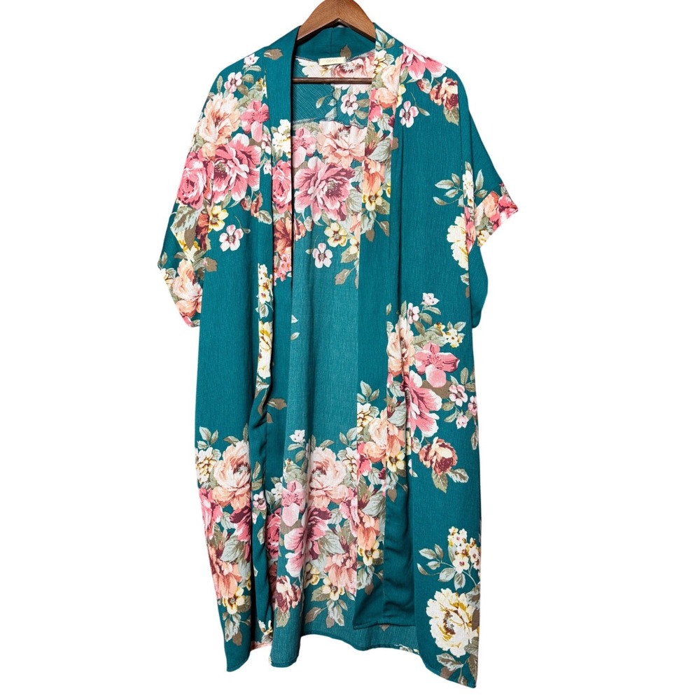 Oddy Women 3XL Teal Pink Floral Robe Kimono Cardigan Open Front T61970P